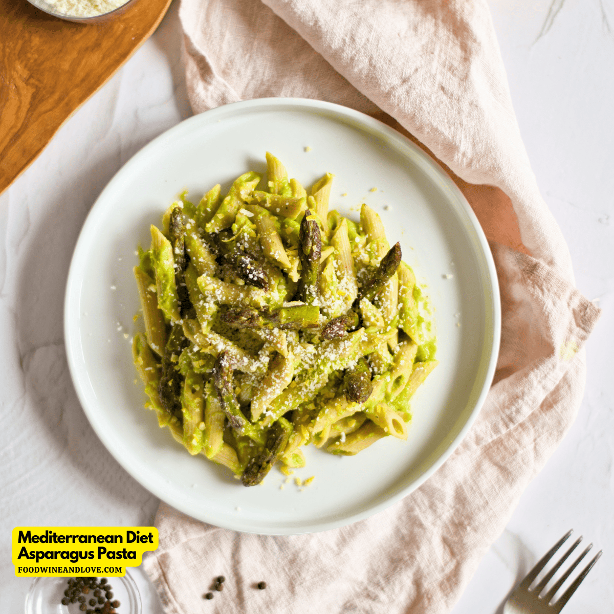 Mediterranean Diet Asparagus Pasta Sauce, a delicious and easy sauce recipe made with asparagus, peas, and Greek Yogurt.