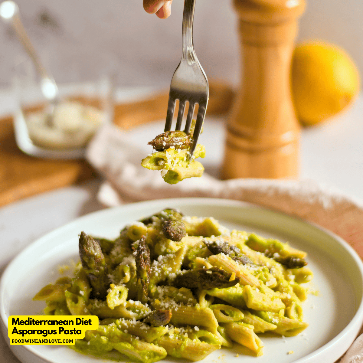 Mediterranean Diet Asparagus Pasta Sauce, a delicious and easy sauce recipe made with asparagus, peas, and Greek Yogurt.