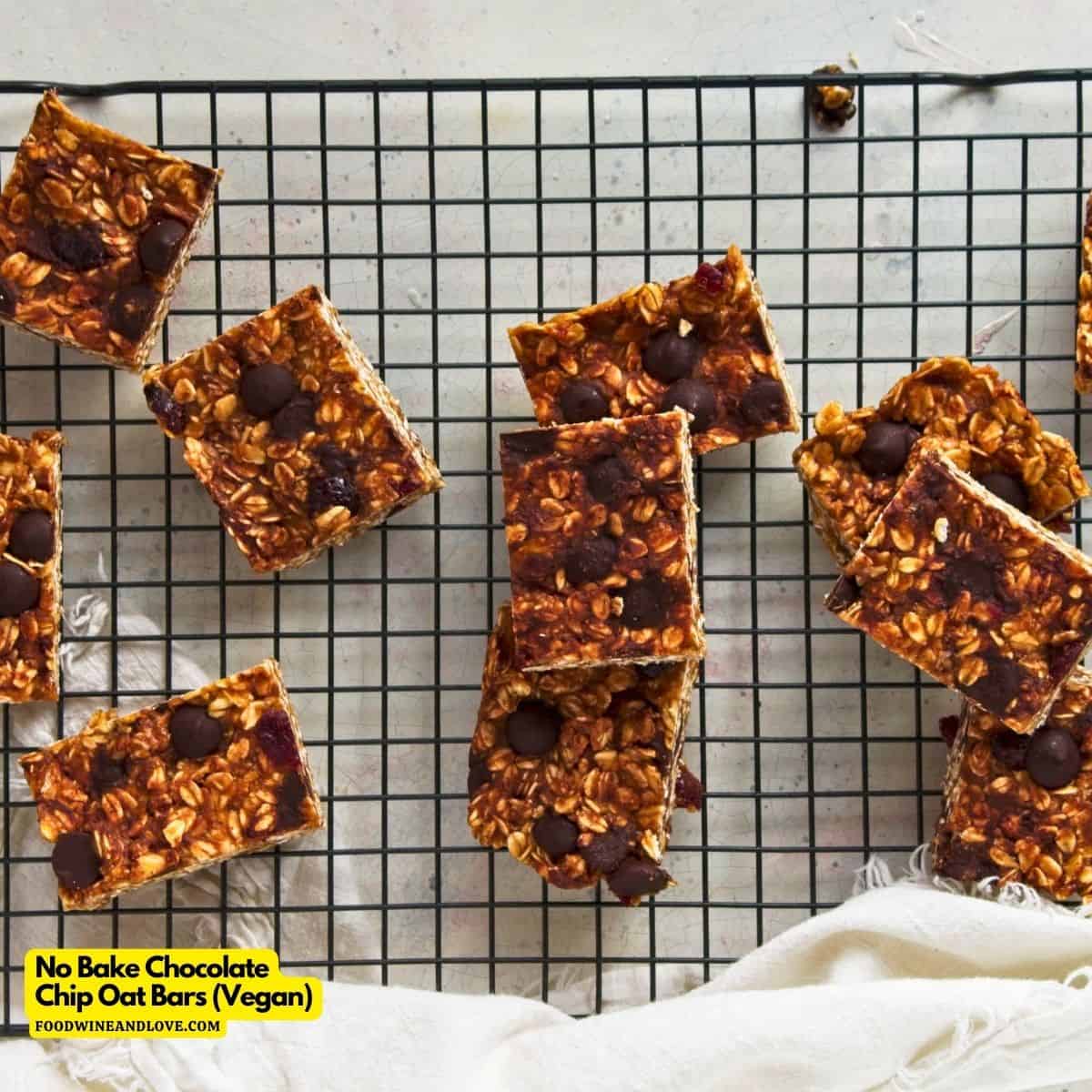 No Bake Chocolate Chip Oat Bars an easy and delicious snack or dessert recipe made with 6 ingredients. Vegan, Soy Free.