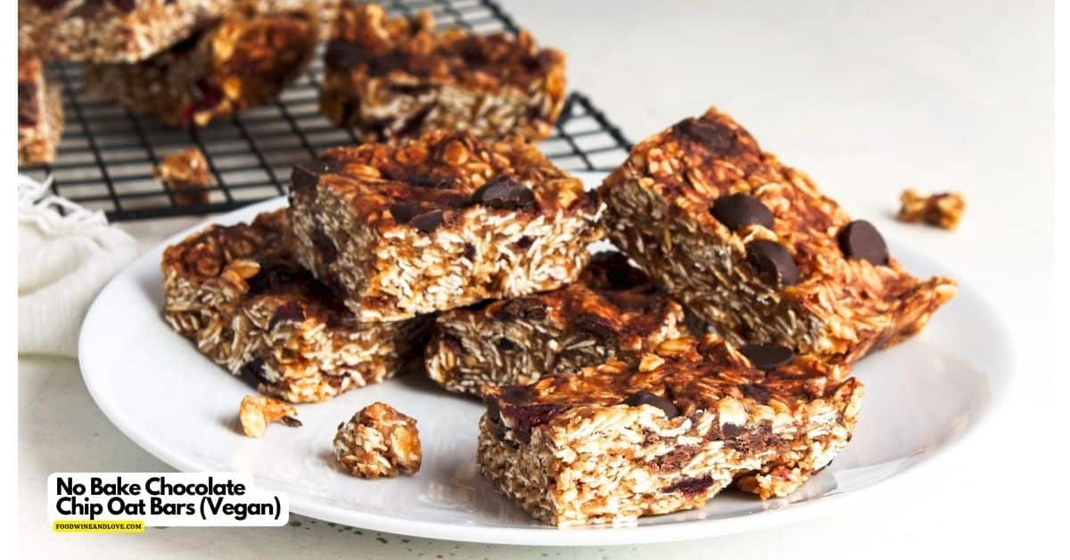 No Bake Chocolate Chip Oat Bars an easy and delicious snack or dessert recipe made with 6 ingredients. Vegan, Soy Free.