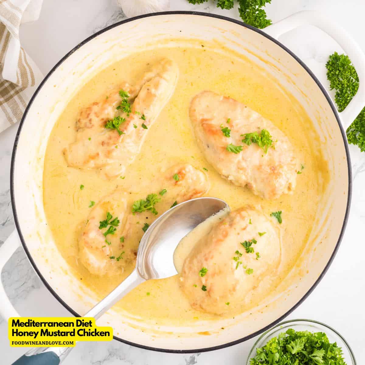 Mediterranean Diet Honey Mustard Chicken, a simple and delicious 25 minute meal recipe made with chicken breasts  and healthier ingredients.