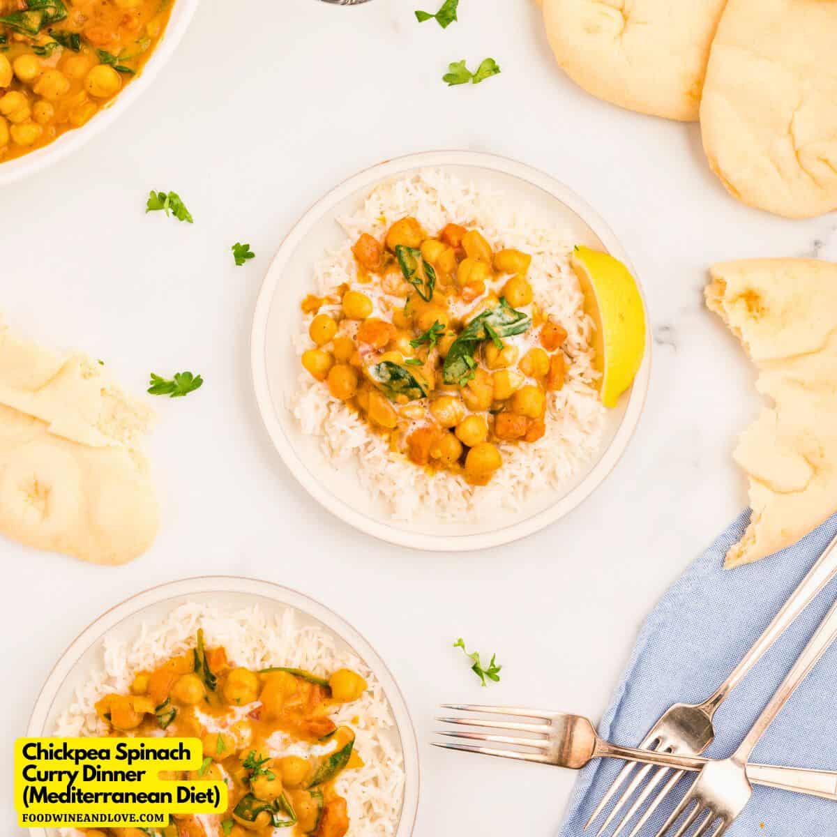 Chickpea Spinach Curry Dinner  (Mediterranean Diet),a delicious meal recipe made with garam masala and baby spinach.Vegan Mediterranean diet.