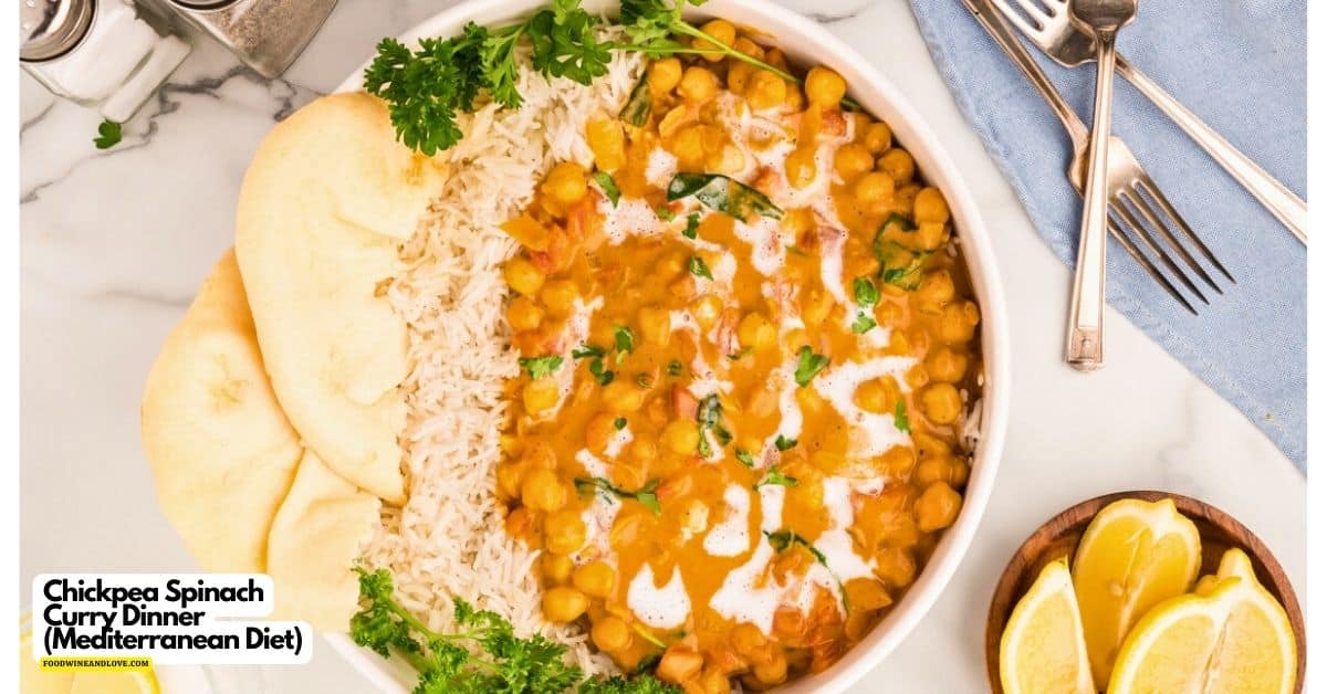 Chickpea Spinach Curry Dinner  (Mediterranean Diet),a delicious meal recipe made with garam masala and baby spinach.Vegan Mediterranean diet.