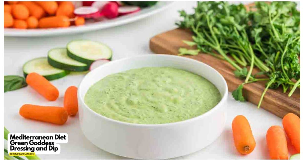 Mediterranean Diet Green Goddess Dressing and Dip, a tasty and freshly made recipe with Greek Yogurt, Tahini, and vinegar.