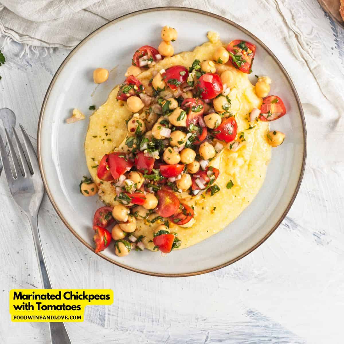 Marinated Chickpeas with Tomatoes, a quick and easy Mediterranean diet appetizer or side recipe made with healthier ingredients.