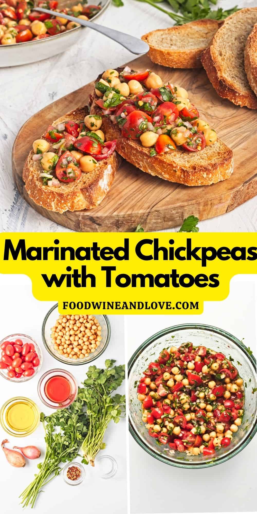 Marinated Chickpeas with Tomatoes, a quick and easy Mediterranean diet appetizer or side recipe made with healthier ingredients.