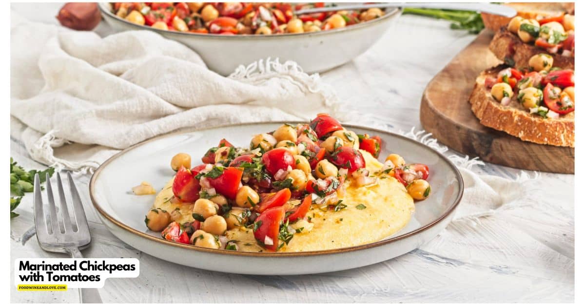 Marinated Chickpeas with Tomatoes, a quick and easy Mediterranean diet appetizer or side recipe made with healthier ingredients.