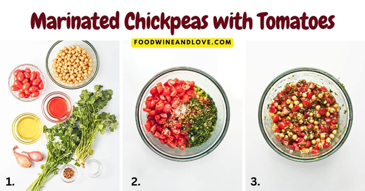 Marinated Chickpeas with Tomatoes, a quick and easy Mediterranean diet appetizer or side recipe made with healthier ingredients.