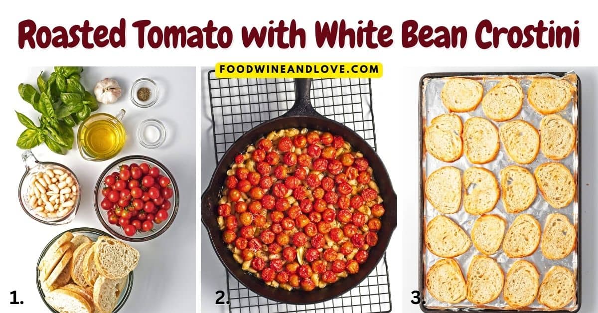 Roasted Tomato with White Bean Crostini, an easy appetizer recipe for toasted bread topped with slow roasted tomatoes, beans, and garlic.
