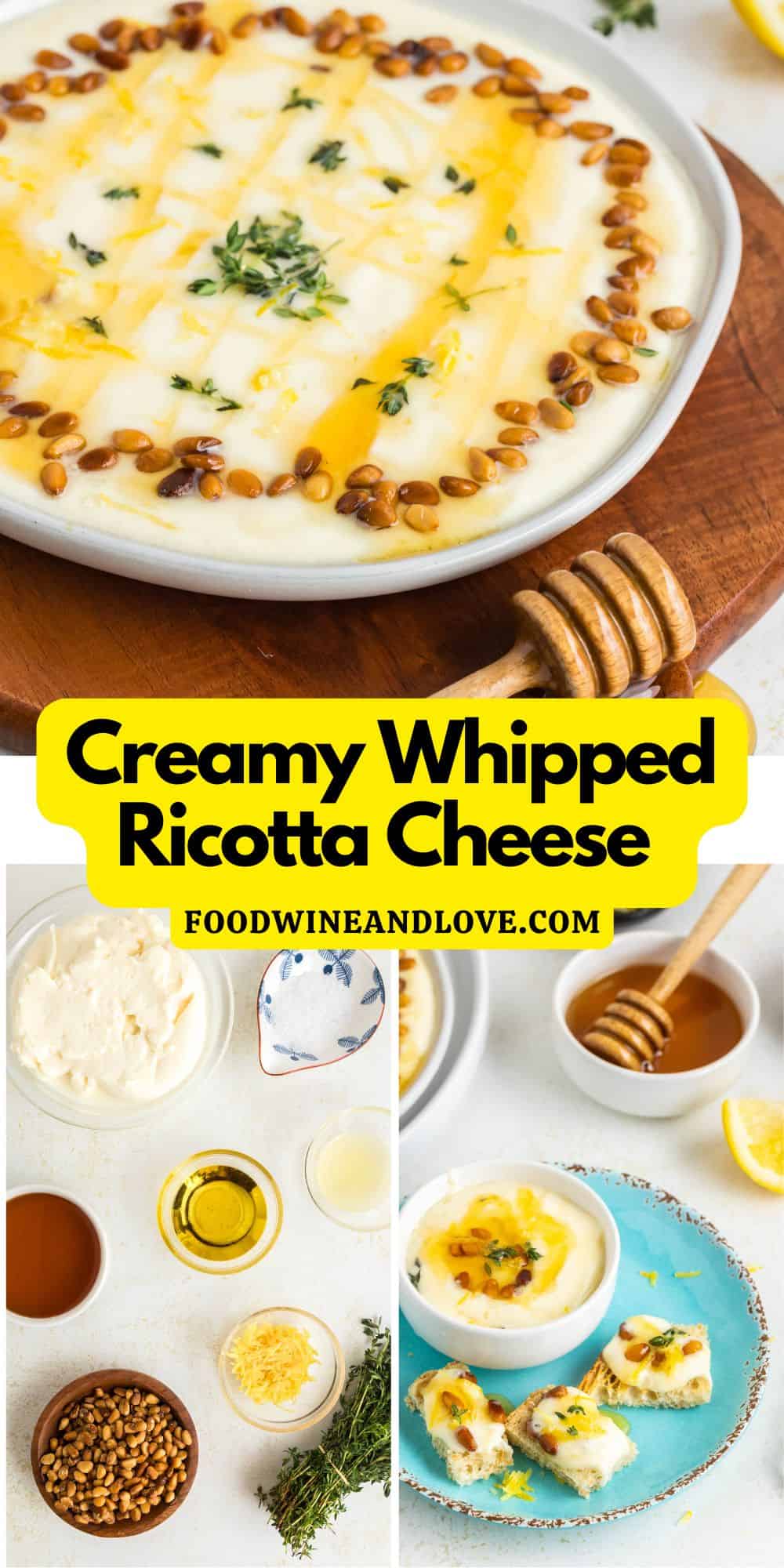Creamy Whipped Ricotta Cheese, a quick, delicious, and simple appetizer or dip recipe made with just four basic ingredients.