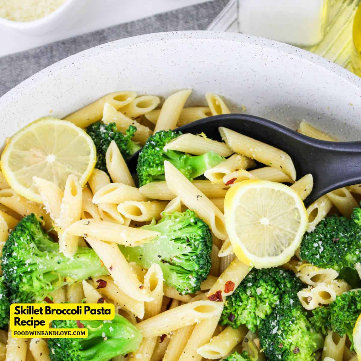 Skillet Broccoli Pasta Recipe- a quick and easy recipe for broccoli and pasta cooked in olive oil with garlic. Mediterranean Diet, Vegetarian.