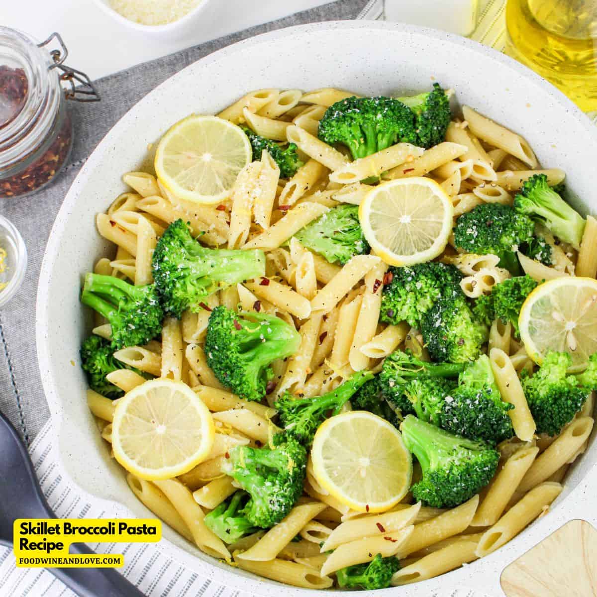 Skillet Broccoli Pasta Recipe- a quick and easy recipe for broccoli and pasta cooked in olive oil with garlic. Mediterranean Diet, Vegetarian.