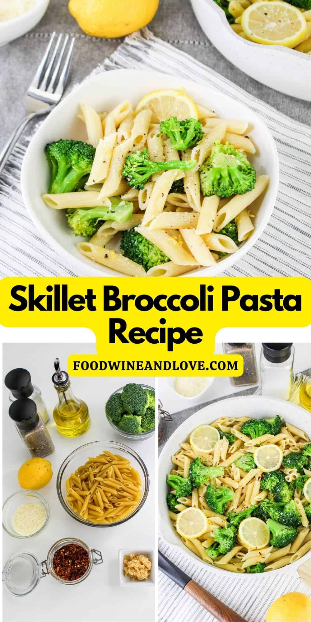 Skillet Broccoli Pasta Recipe- a quick and easy recipe for broccoli and pasta cooked in olive oil with garlic. Mediterranean Diet, Vegetarian.
