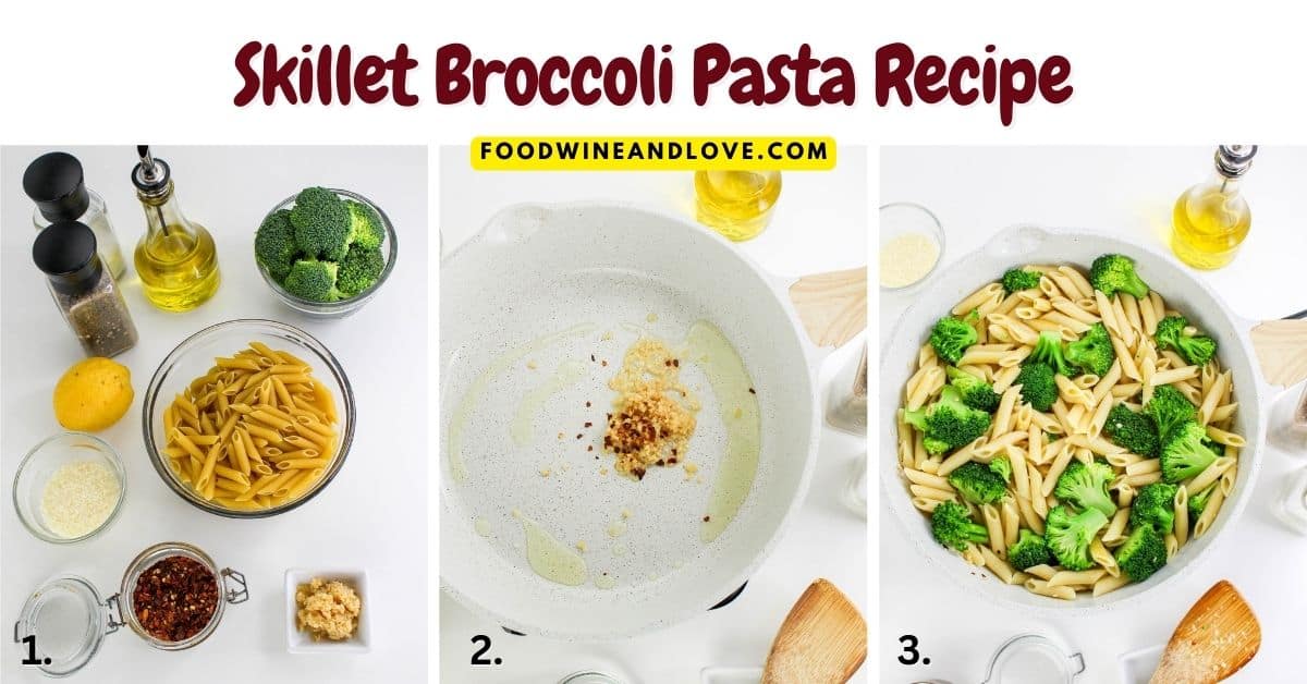 Skillet Broccoli Pasta Recipe- a quick and easy recipe for broccoli and pasta cooked in olive oil with garlic. Mediterranean Diet, Vegetarian.