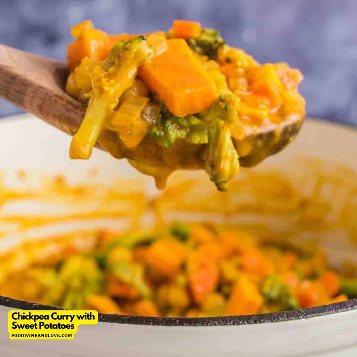 Chickpea Curry with Sweet Potatoes, an easy, rich and savory vegan recipe made with coconut milk and a touch of curry.