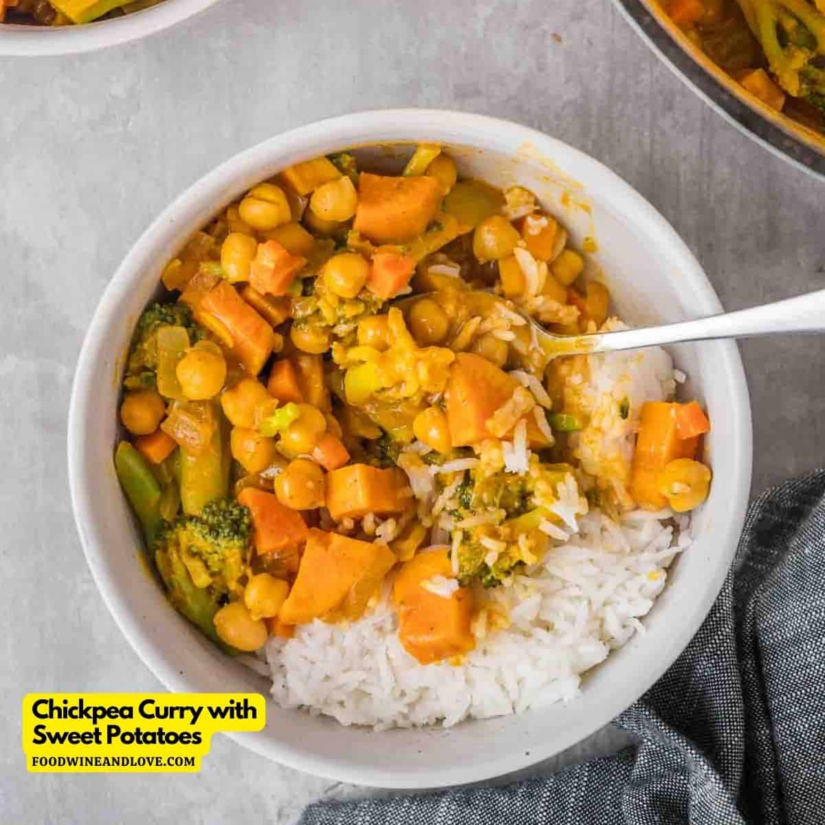 Chickpea Curry with Sweet Potatoes, an easy, rich and savory vegan recipe made with coconut milk and a touch of curry.