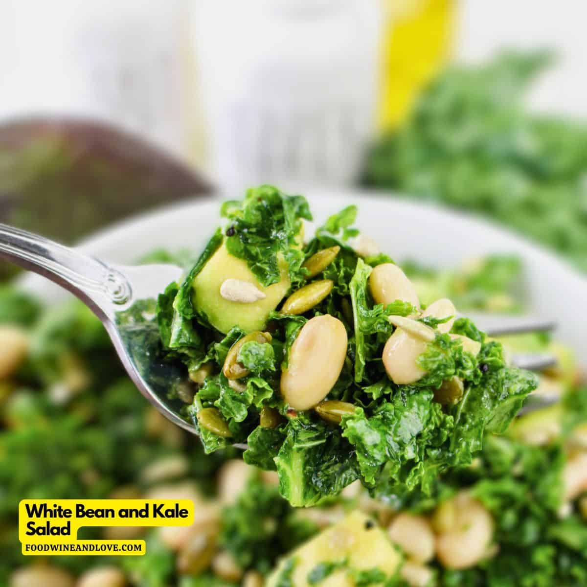 Easy White Bean and Kale Salad, is a protein and flavor packed vegan meal or side dish made with avocado and sunflower seeds.