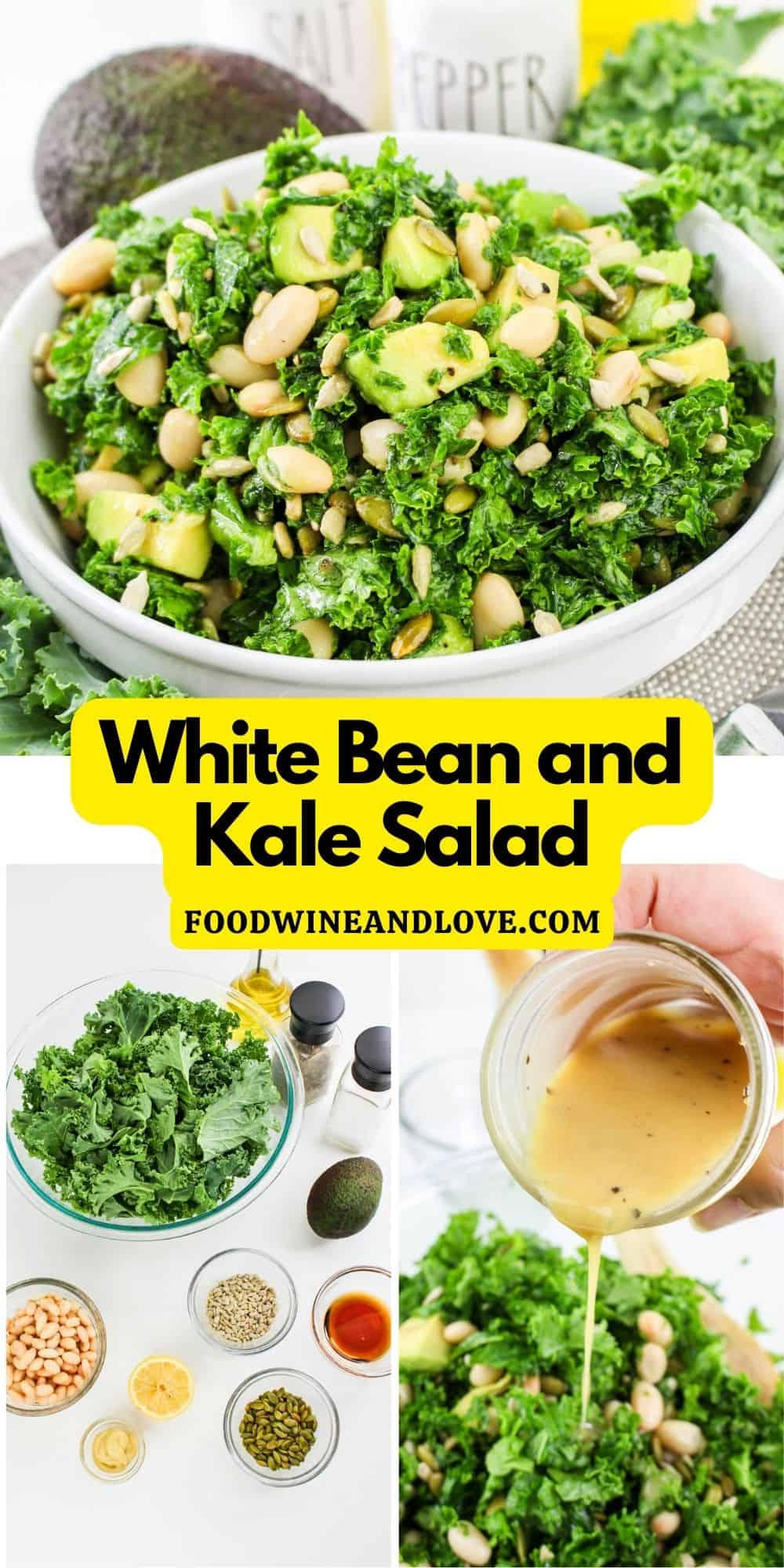 Easy White Bean and Kale Salad, is a protein and flavor packed vegan meal or side dish made with avocado and sunflower seeds.