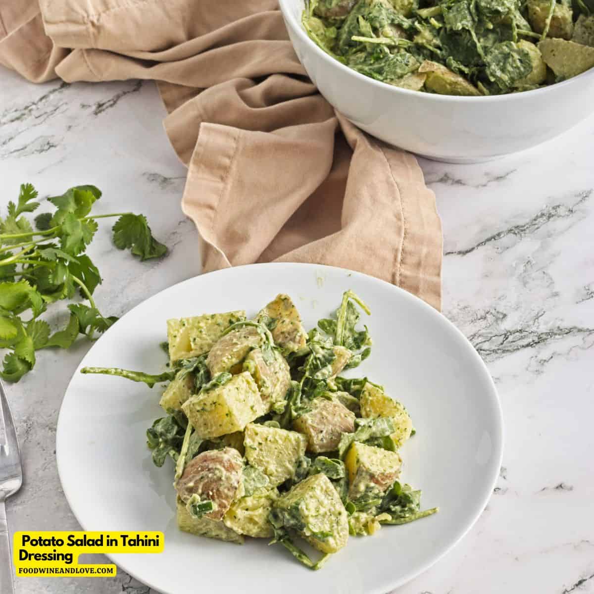Potato Salad in Tahini Dressing, a simple and delicious recipe made without adding mayonnaise. Vegan, Vegetarian, Mediterranean Diet.