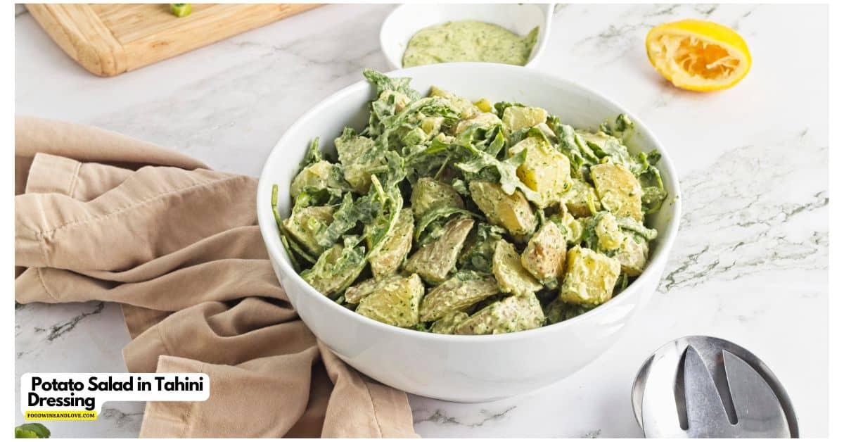 Potato Salad in Tahini Dressing, a simple and delicious recipe made without adding mayonnaise. Vegan, Vegetarian, Mediterranean Diet. Potato Salad in Tahini Dressing, a simple and delicious recipe made without adding mayonnaise. Vegan, Vegetarian, Mediterranean Diet.