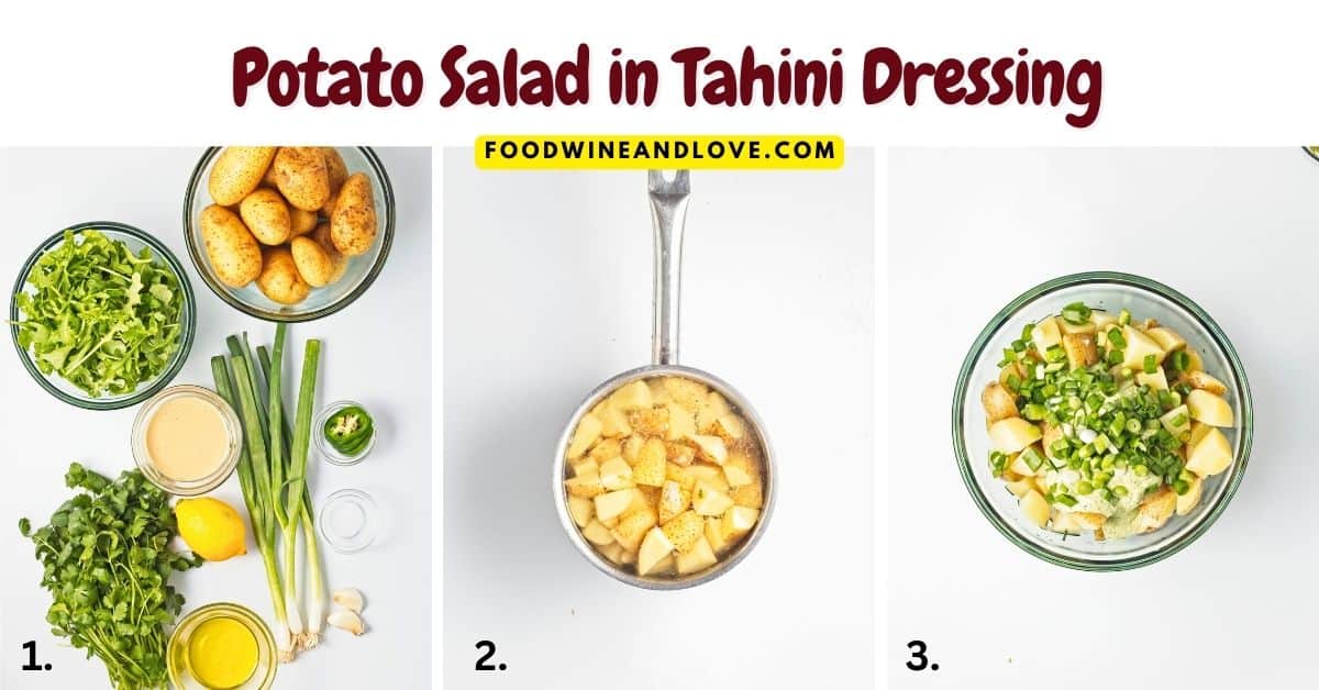 Potato Salad in Tahini Dressing, a simple and delicious recipe made without adding mayonnaise. Vegan, Vegetarian, Mediterranean Diet.
