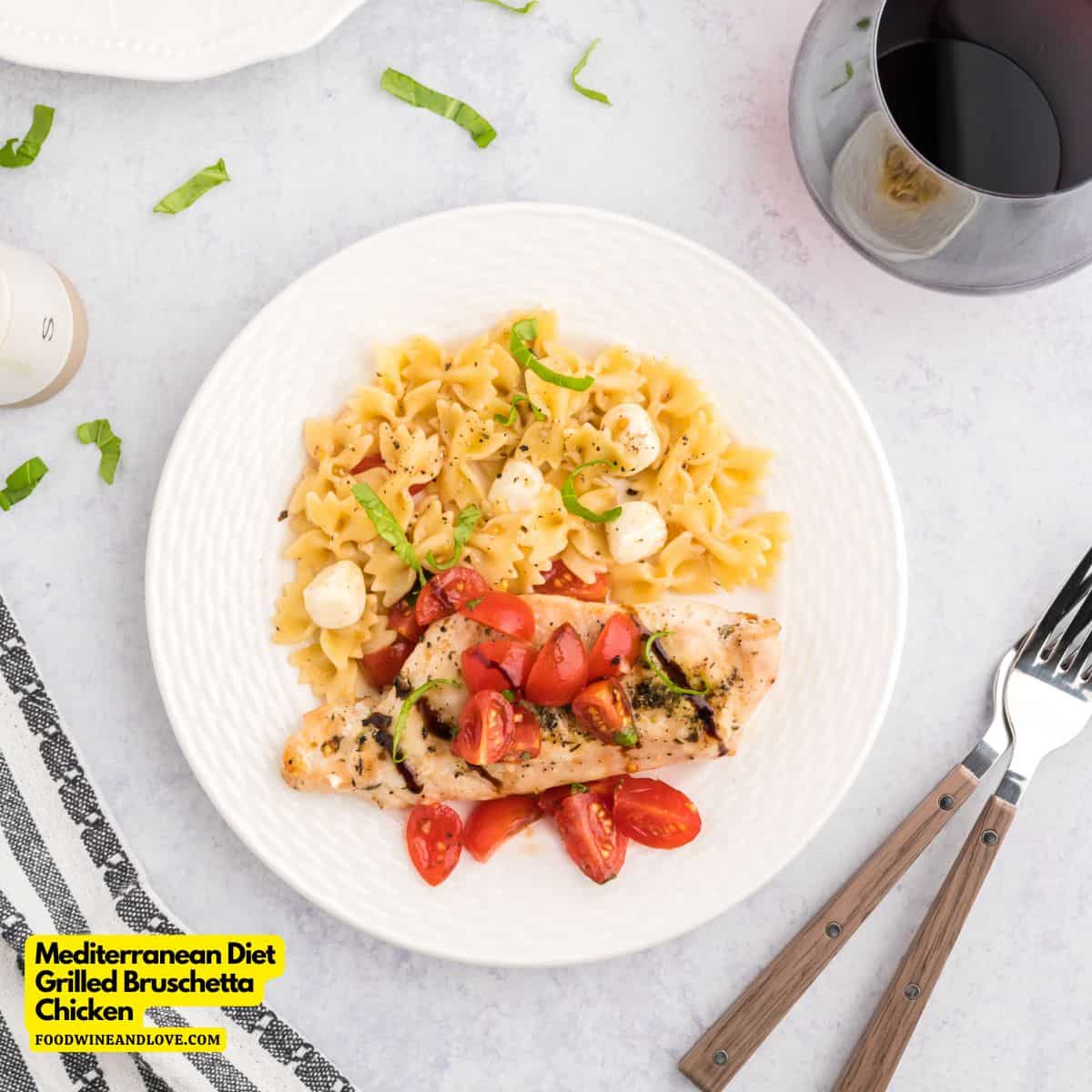 Mediterranean Diet Grilled Bruschetta Chicken, a simple and delicious recipe made with chicken breast topped with bruschetta toppings.