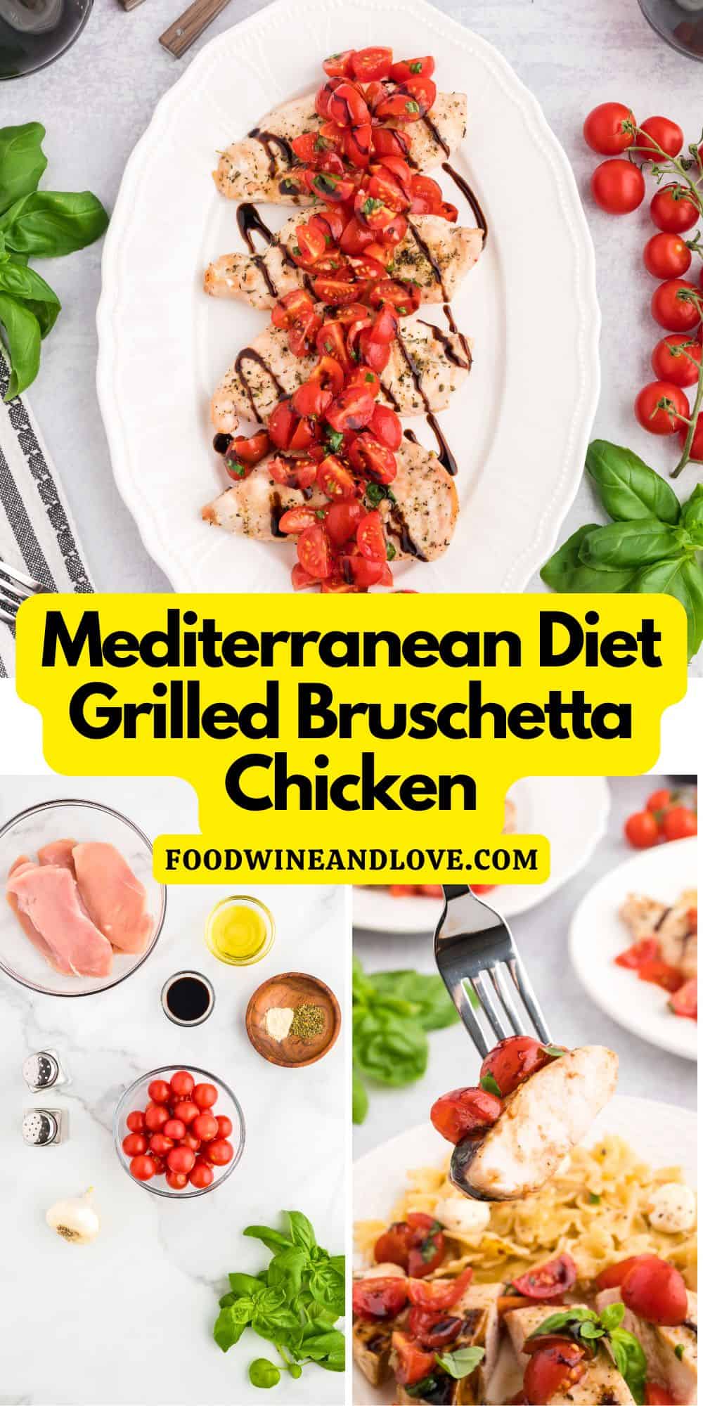 Mediterranean Diet Grilled Bruschetta Chicken, a simple and delicious recipe made with chicken breast topped with bruschetta toppings.