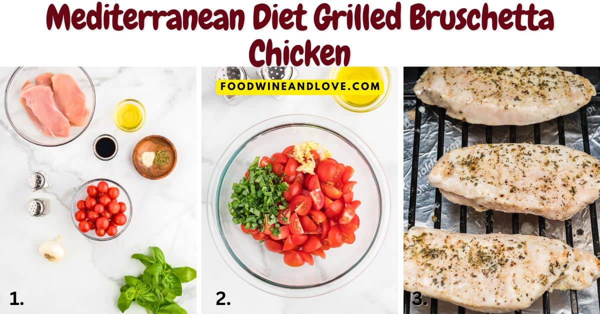 Mediterranean Diet Grilled Bruschetta Chicken, a simple and delicious recipe made with chicken breast topped with bruschetta toppings.