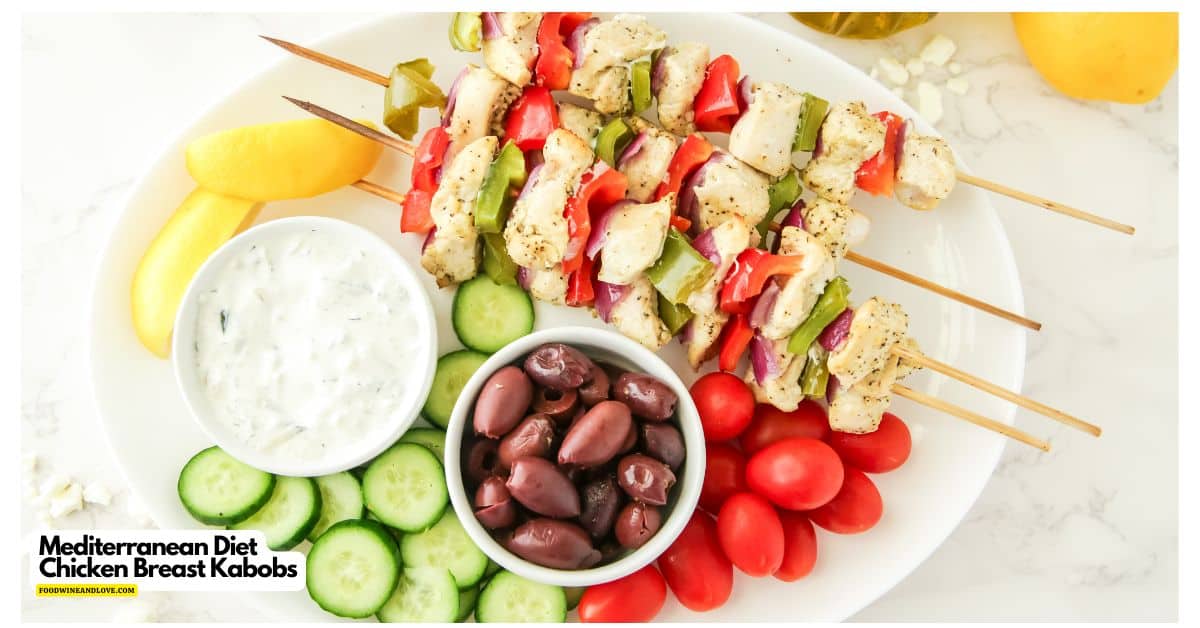 Mediterranean Diet Chicken Breast Kabobs, an easy and delicious recipe made with a lemon garlic marinade in about 30 minutes. Mediterranean Diet Chicken Breast Kabobs, an easy and delicious recipe made with a lemon garlic marinade in about 30 minutes.