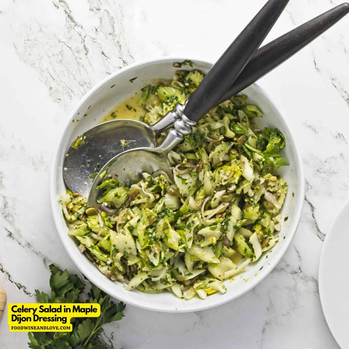 Celery Salad in Maple Dijon Dressing, a quick and easy vegan recipe tossed in a flavorful lemony maple dijon dressing.