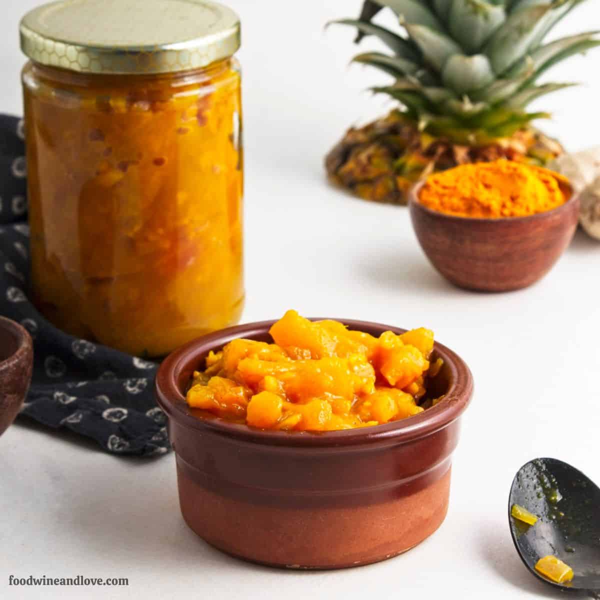 Pineapple Chutney with Ginger, a delicious vegan recipe for a sweet and sour condiment flavored with turmeric and coriander.
