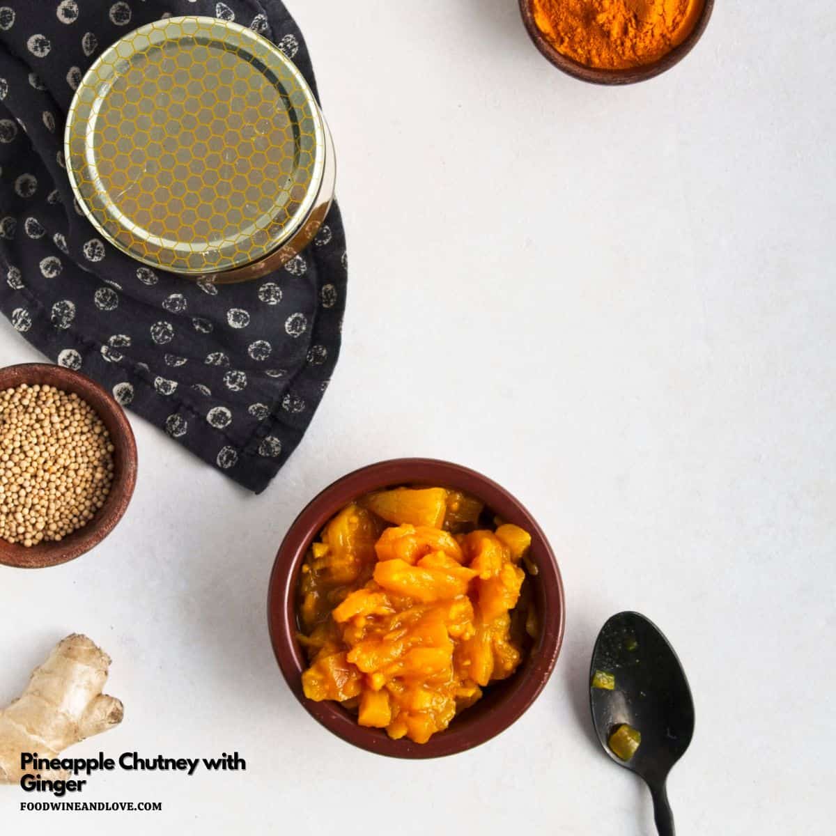 Pineapple Chutney with Ginger, a delicious vegan recipe for a sweet and sour condiment flavored with turmeric and coriander.