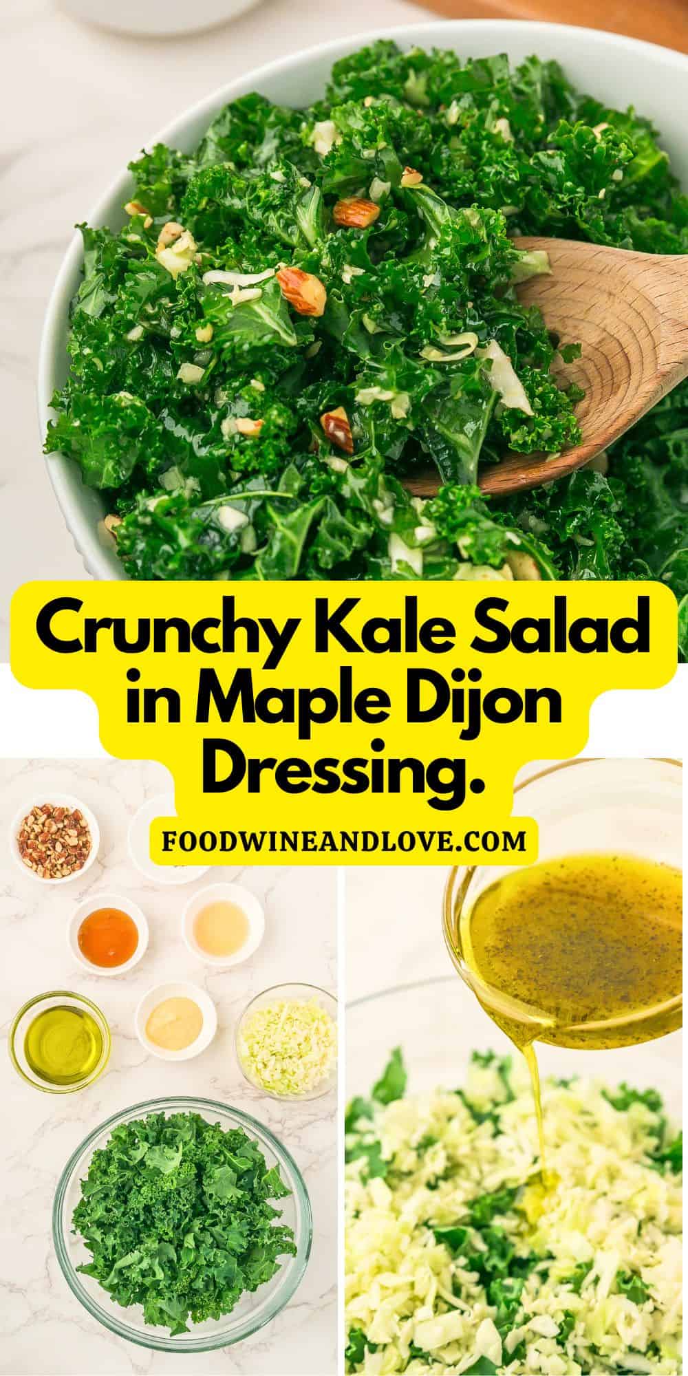 Crunchy Kale Salad in Maple Dijon Dressing, inspired by the popular Kale Crunch Salad, curly kale with green cabbage and almonds.