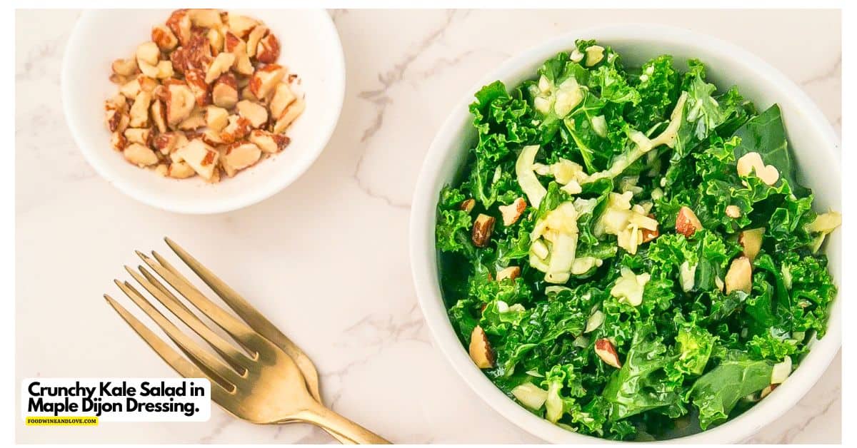 Crunchy Kale Salad in Maple Dijon Dressing, inspired by the popular Kale Crunch Salad, curly kale with green cabbage and almonds. Crunchy Kale Salad in Maple Dijon Dressing, inspired by the popular Kale Crunch Salad, curly kale with green cabbage and almonds.