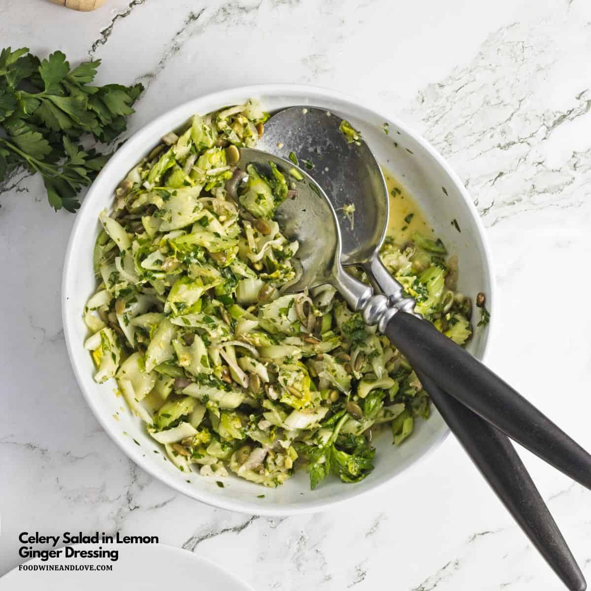 Celery Salad in Lemon Ginger Dressing, a simple light and refreshing vegan recipe made with crisp celery tossed in a savory dressing.