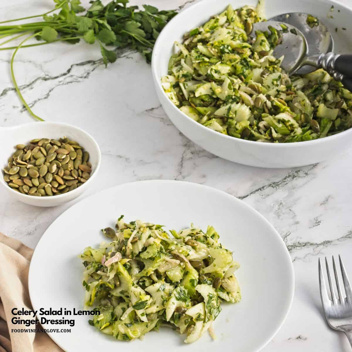 Celery Salad in Lemon Ginger Dressing, a simple light and refreshing vegan recipe made with crisp celery tossed in a savory dressing.