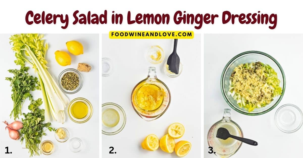 Celery Salad in Lemon Ginger Dressing, a simple light and refreshing vegan recipe made with crisp celery tossed in a savory dressing.