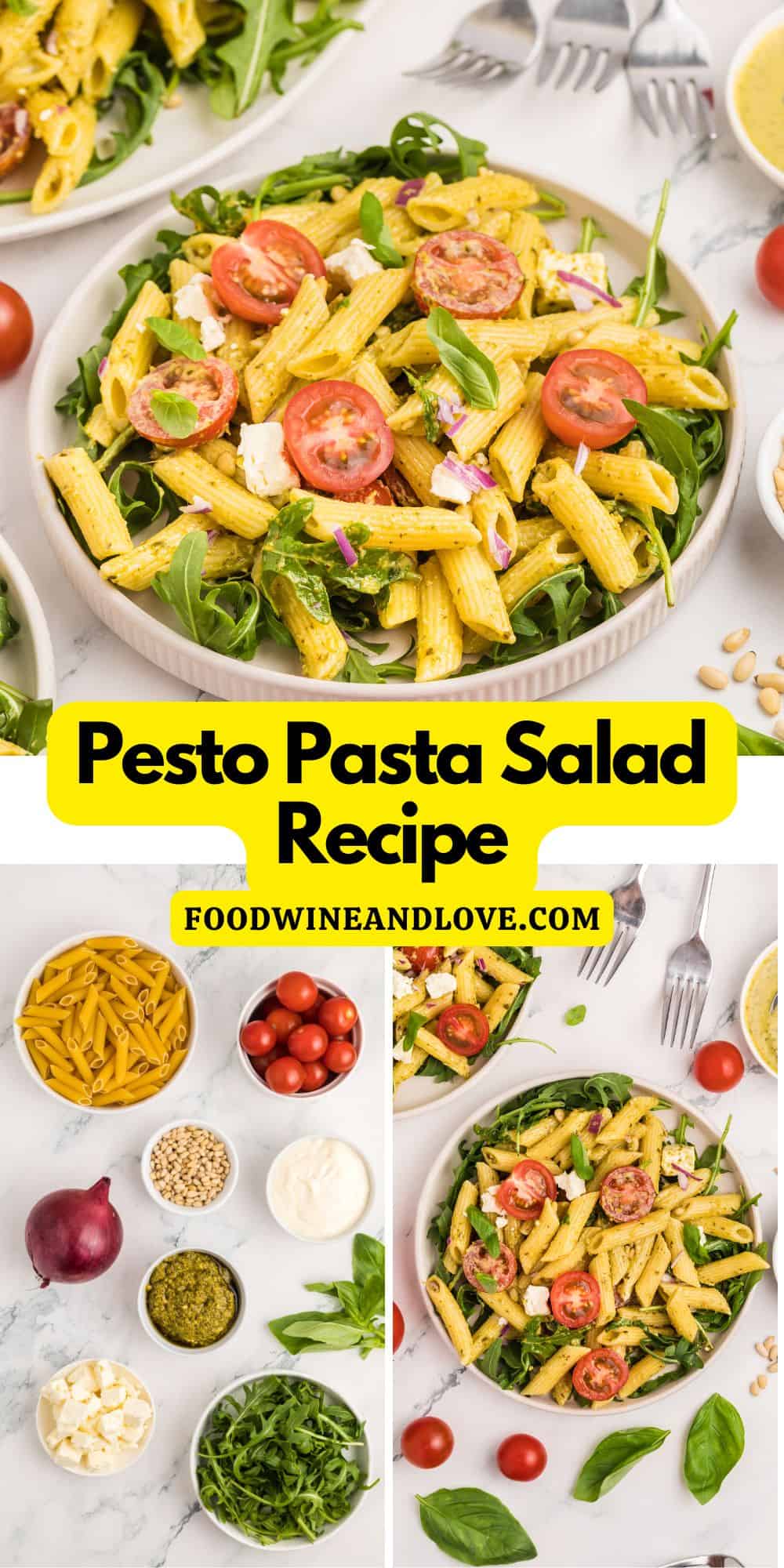 Pesto Pasta Salad Recipe, a vegetarian and Mediterranean diet recipe made with Penne pasta and arugula tossed in a creamy dressing.
