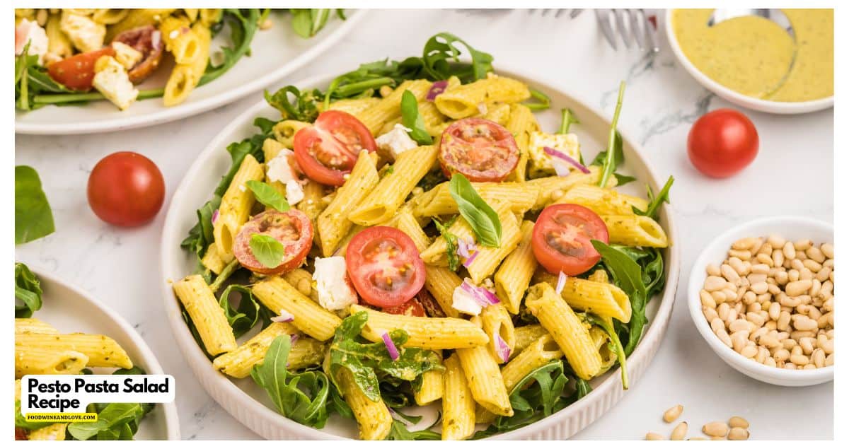 Pesto Pasta Salad Recipe, a vegetarian and Mediterranean diet recipe made with Penne pasta and arugula tossed in a creamy dressing.