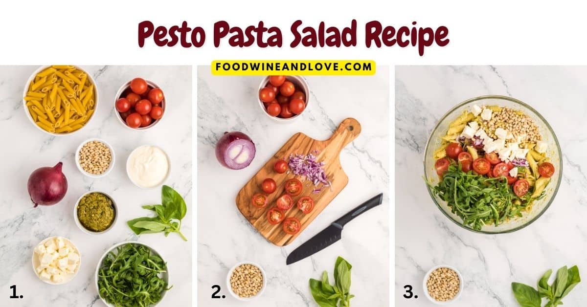Pesto Pasta Salad Recipe, a vegetarian and Mediterranean diet recipe made with Penne pasta and arugula tossed in a creamy dressing.