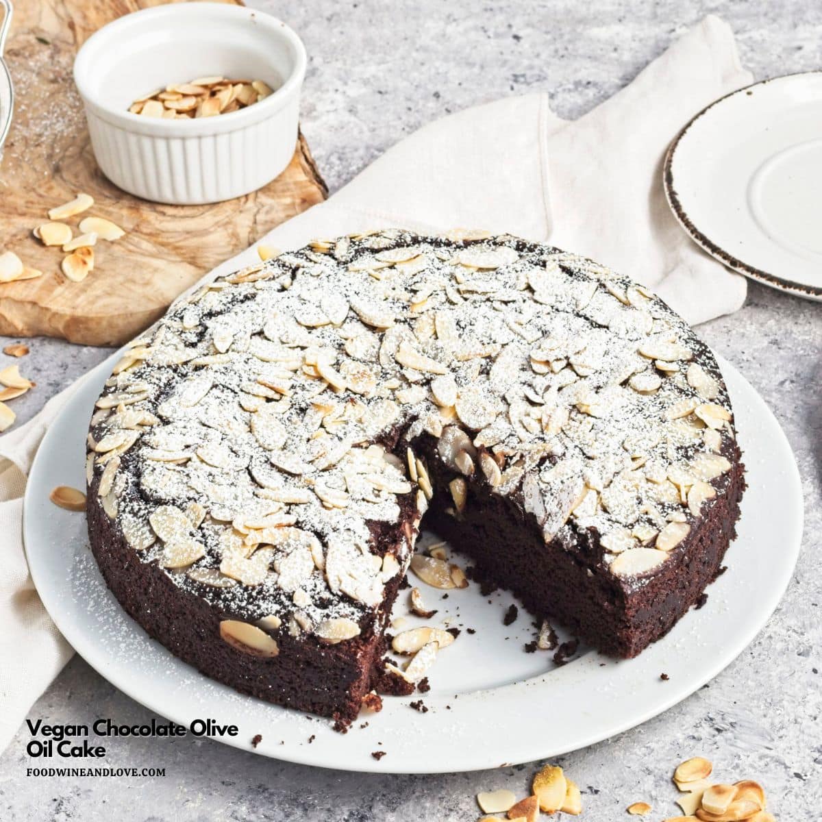 Vegan Chocolate Olive Oil Cake, a simple, decadent, and delicious dairy free dessert made with olive oil and almond flour