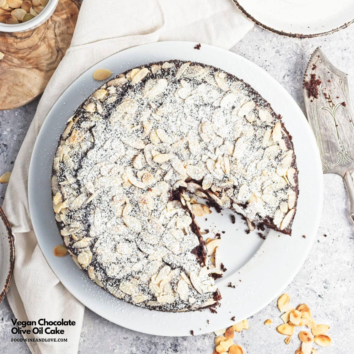 Vegan Chocolate Olive Oil Cake, a simple, decadent, and delicious dairy free dessert made with olive oil and almond flour