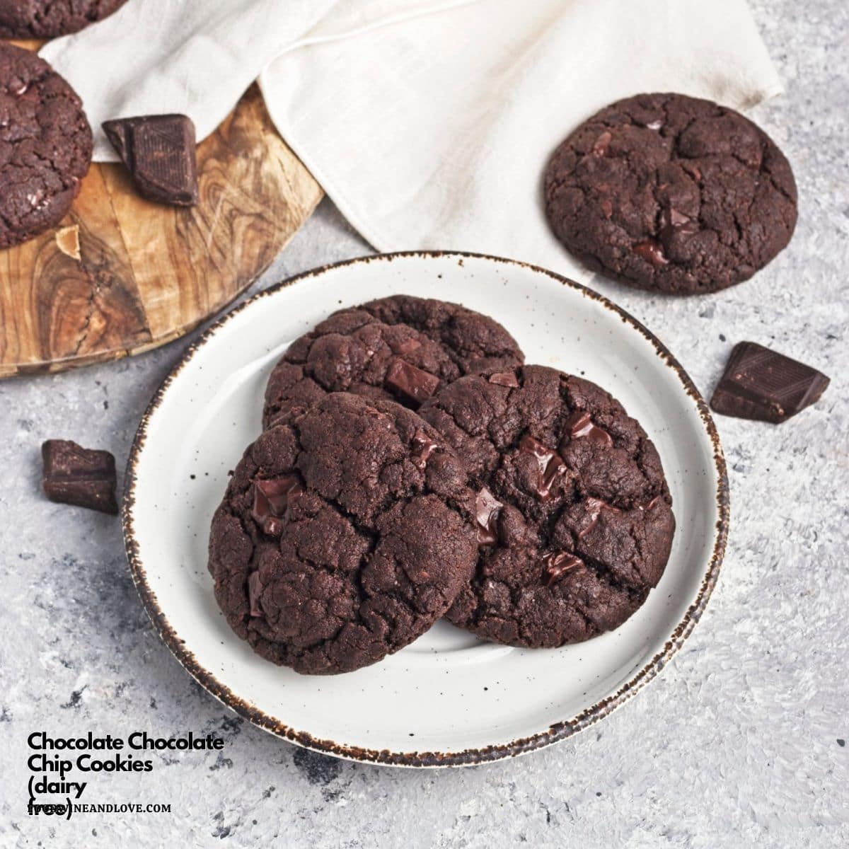Dairy Free Chocolate Chocolate Chip Cookies, a delicious vegan cookie recipe for chewy and fudgy double chocolate cookies. alt= Dairy Free Chocolate Chocolate Chip Cookies, a delicious vegan cookie recipe for chewy and fudgy double chocolate cookies.
