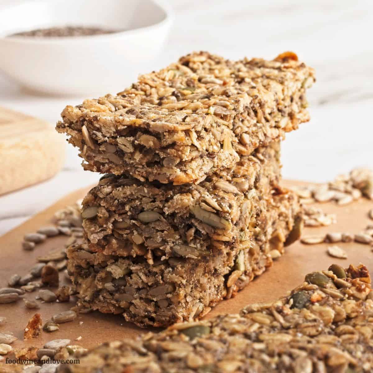 Oat and Seed Granola Bars, a simple and delicious snack or dessert recipe made with healthy ingredients and no added dairy.
