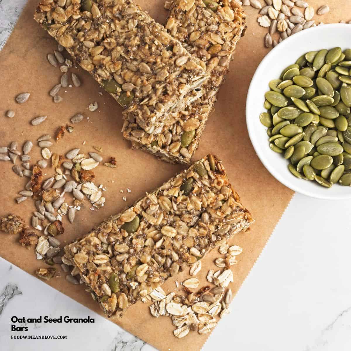 Oat and Seed Granola Bars, a simple and delicious snack or dessert recipe made with healthy ingredients and no added dairy.