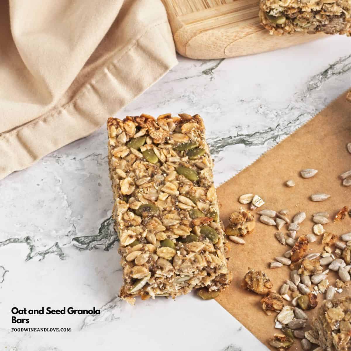Oat and Seed Granola Bars, a simple and delicious snack or dessert recipe made with healthy ingredients and no added dairy.