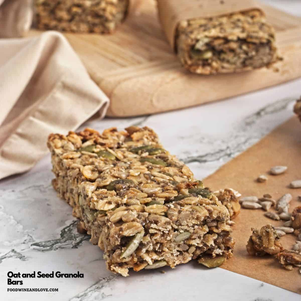 Oat and Seed Granola Bars, a simple and delicious snack or dessert recipe made with healthy ingredients and no added dairy.