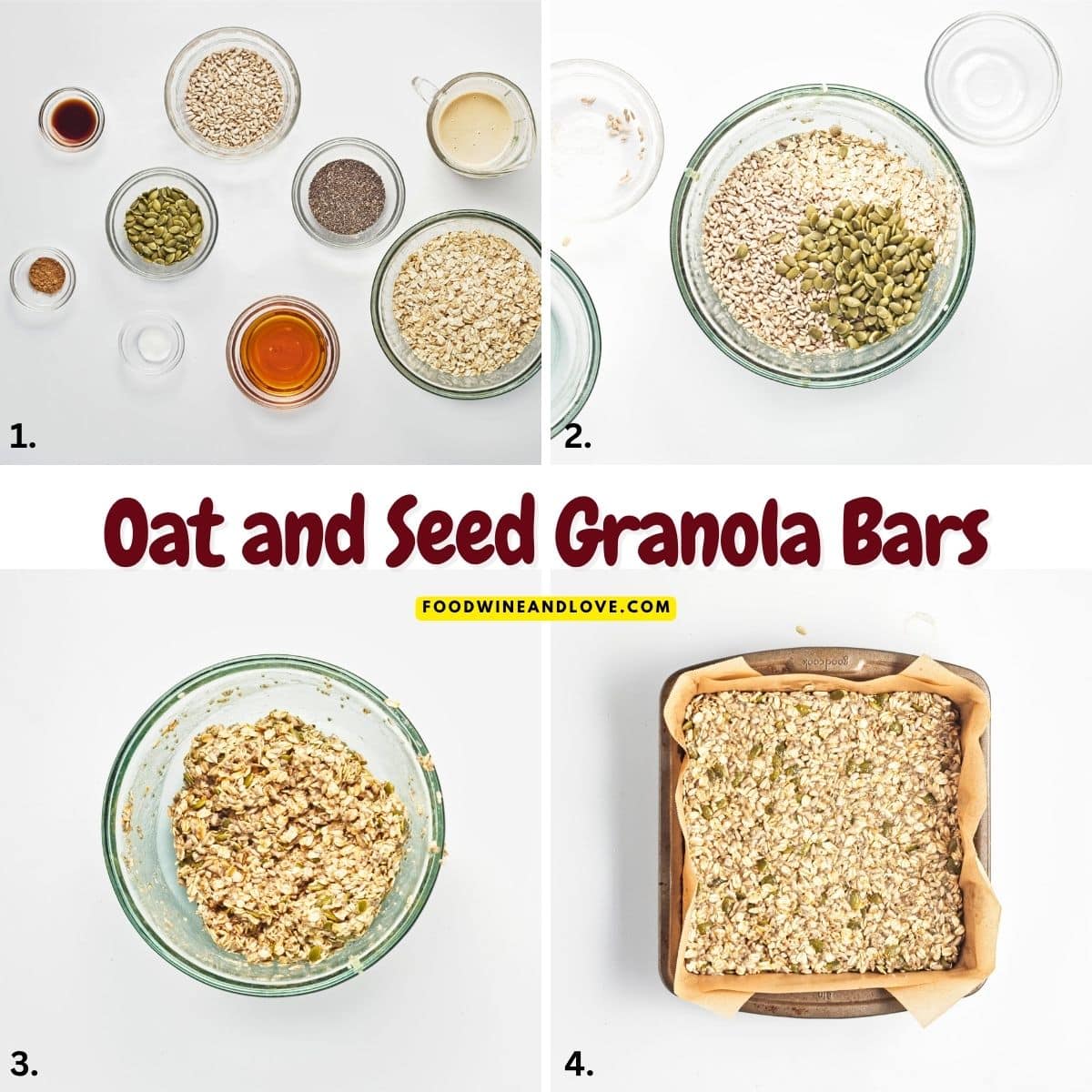 Oat and Seed Granola Bars, a simple and delicious snack or dessert recipe made with healthy ingredients and no added dairy.