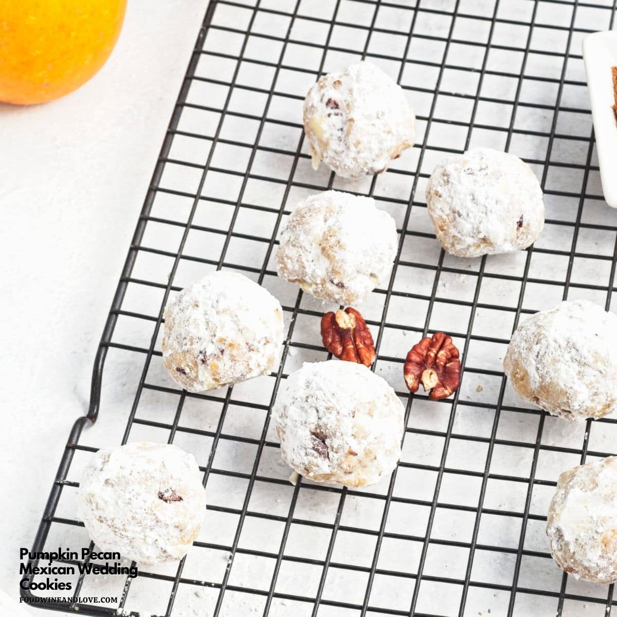 Pumpkin Pecan Mexican Wedding Cookies, a simple and delicious no added dairy cookie made with pumpkin puree. Vegan Recipe.