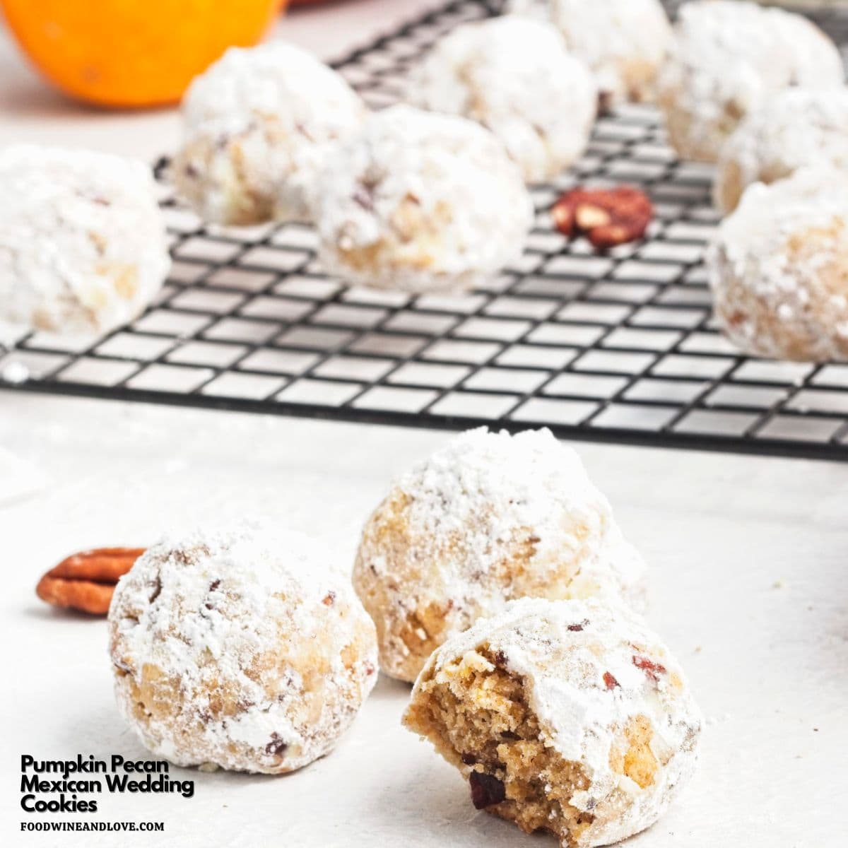Pumpkin Pecan Mexican Wedding Cookies, a simple and delicious no added dairy cookie made with pumpkin puree. Vegan Recipe.